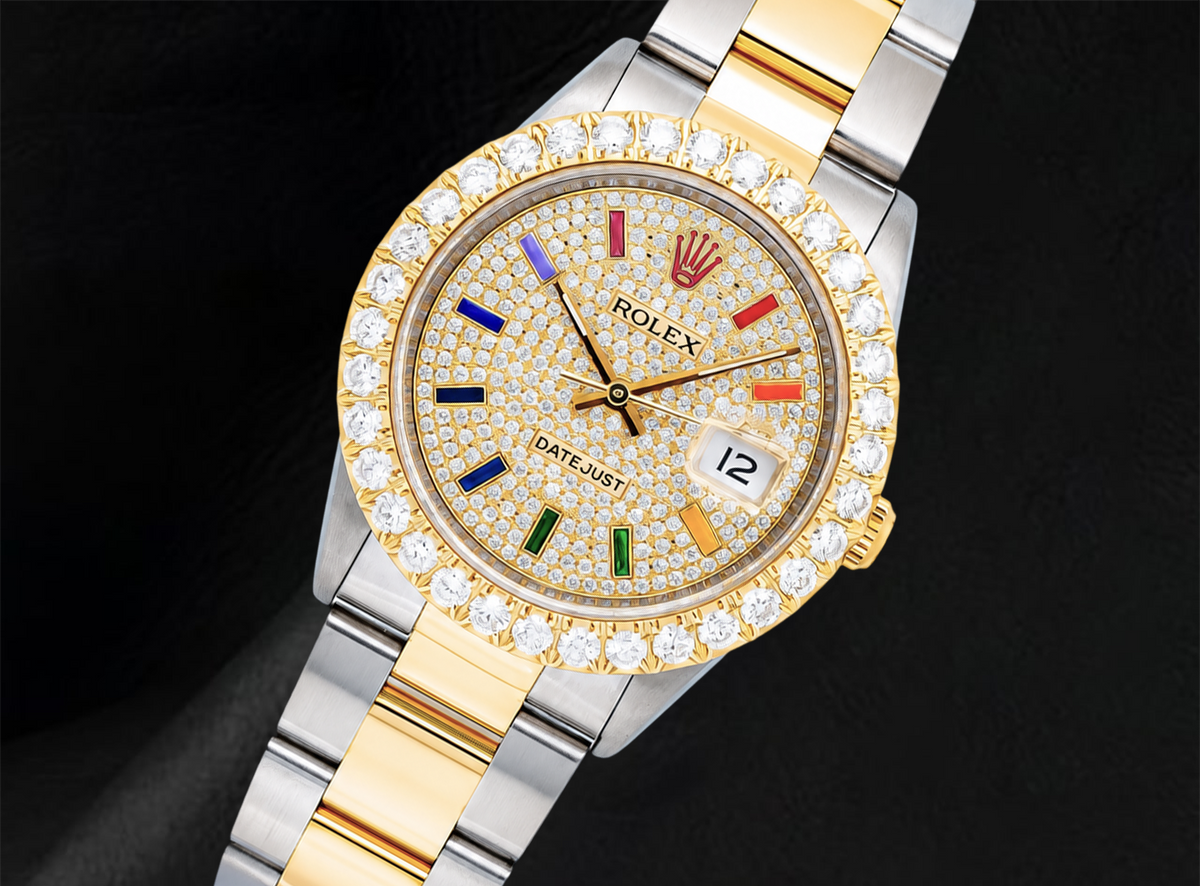Datejust 16013 Rolex Diamond Paved Rainbow Hour Dial 36mm Watch Two Tone