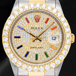 Datejust 16013 Rolex Diamond Paved Rainbow Hour Dial 36mm Watch Two Tone