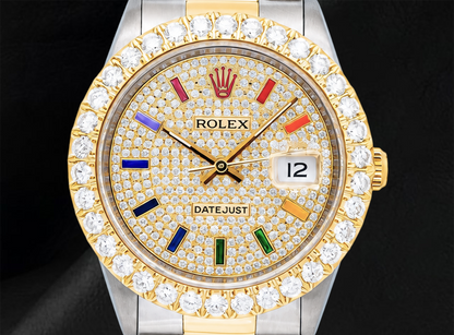 Datejust 16013 Rolex Diamond Paved Rainbow Hour Dial 36mm Watch Two Tone