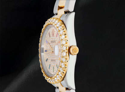 Datejust 16013 Rolex Diamond Paved Rainbow Hour Dial 36mm Watch Two Tone