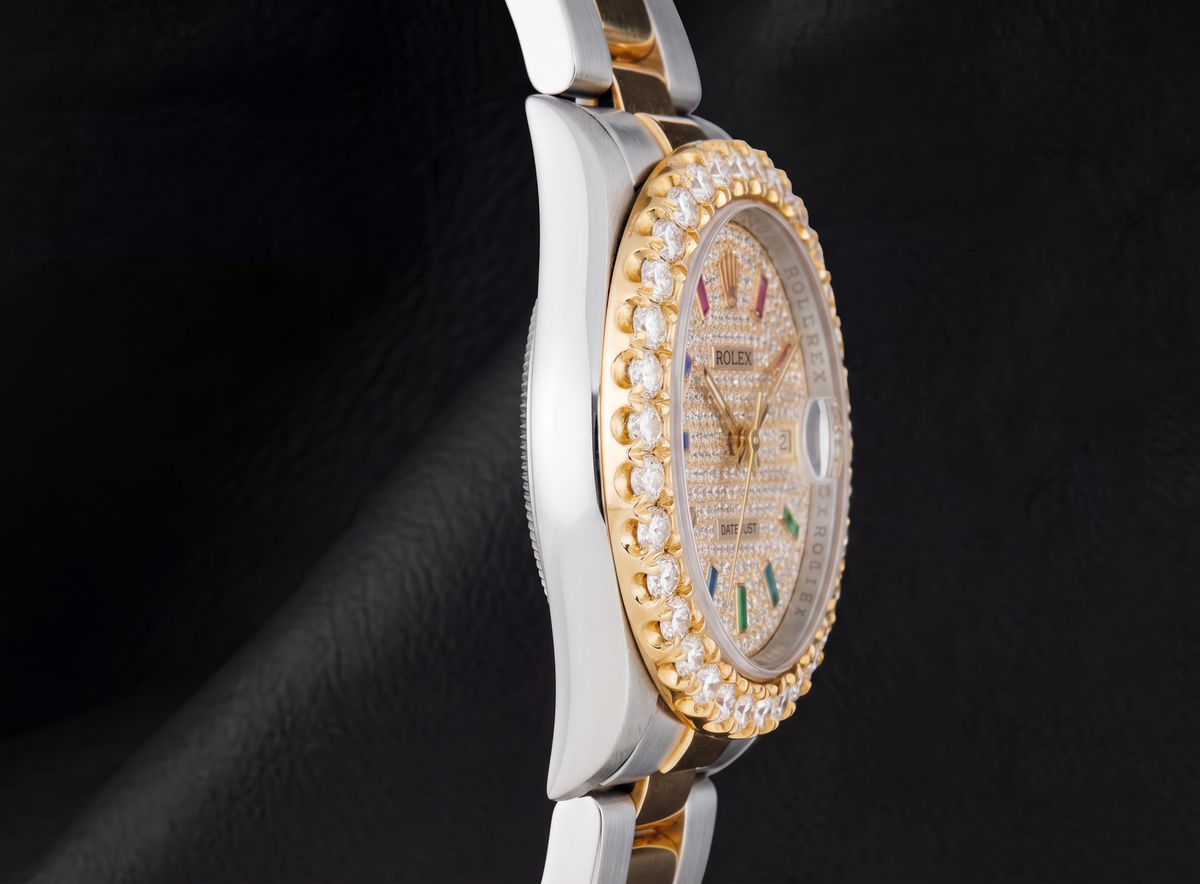 Datejust 16013 Rolex Diamond Paved Rainbow Hour Dial 36mm Watch Two Tone