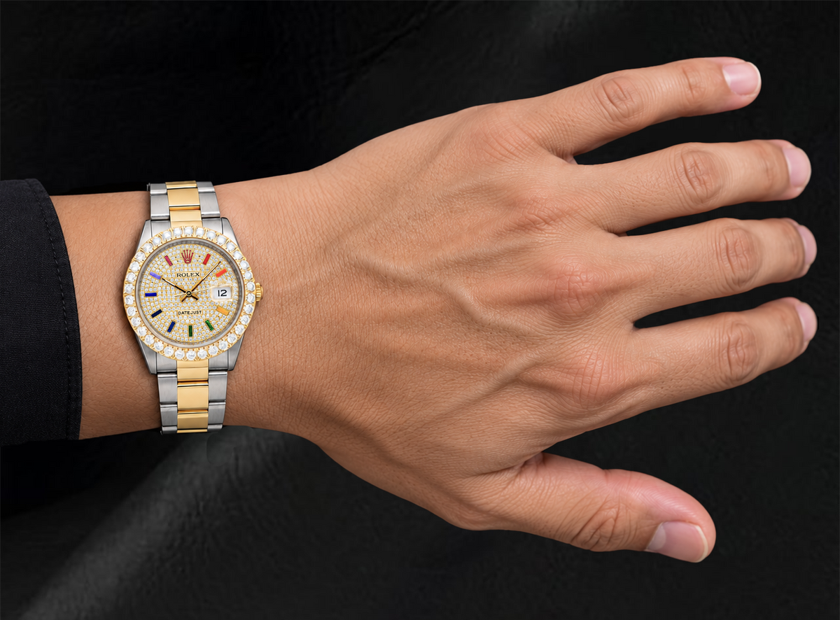 Datejust 16013 Rolex Diamond Paved Rainbow Hour Dial 36mm Watch Two Tone
