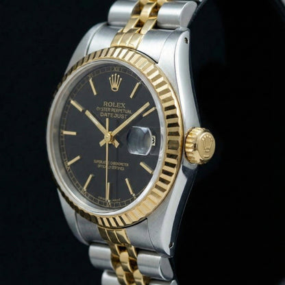 Datejust Lady Rolex Watch Black Stick Dial Ss & Yellow Gold