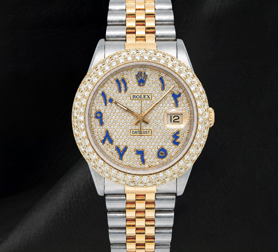Datejust Rolex 16013 Diamond Paved Blue Eastern Arabic Dial 36mm Two Tone Watch