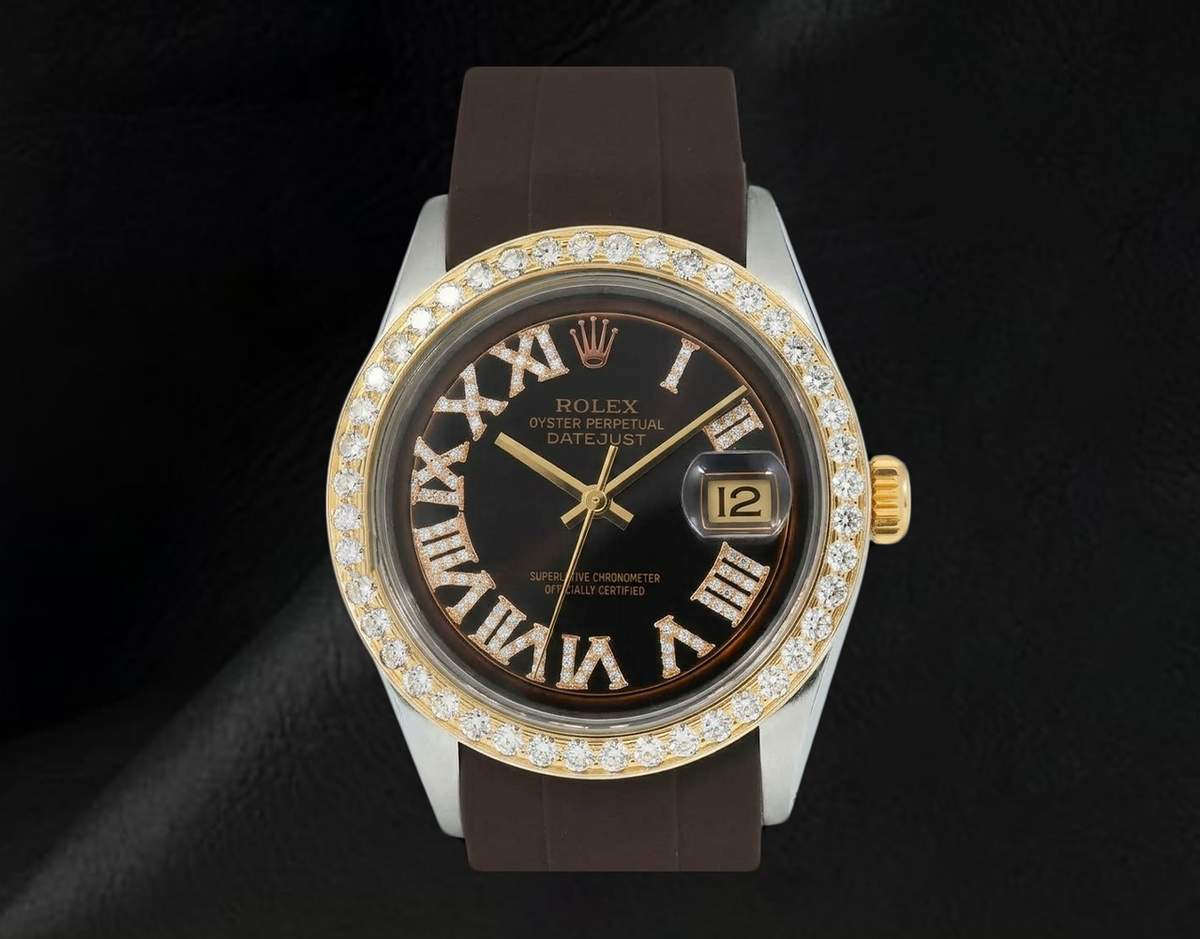 Datejust Rolex 1601 Chocolate Roman Diamond Dial Rubber Strap Watch