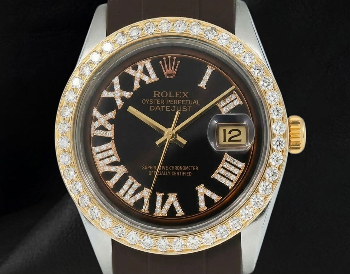 Datejust Rolex 1601 Chocolate Roman Diamond Dial Rubber Strap Watch