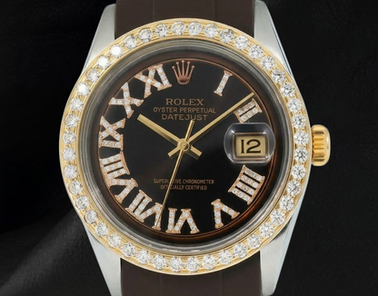 Datejust Rolex 1601 Chocolate Roman Diamond Dial Rubber Strap Watch