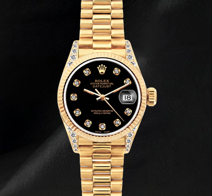 Datejust Rolex 26mm 69178 Black Diamond Dial Yellow Gold Watch 18K
