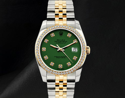 Datejust Rolex 36mm 16013 Green Diamond Dial Diamond Bezel Two Tone Watch