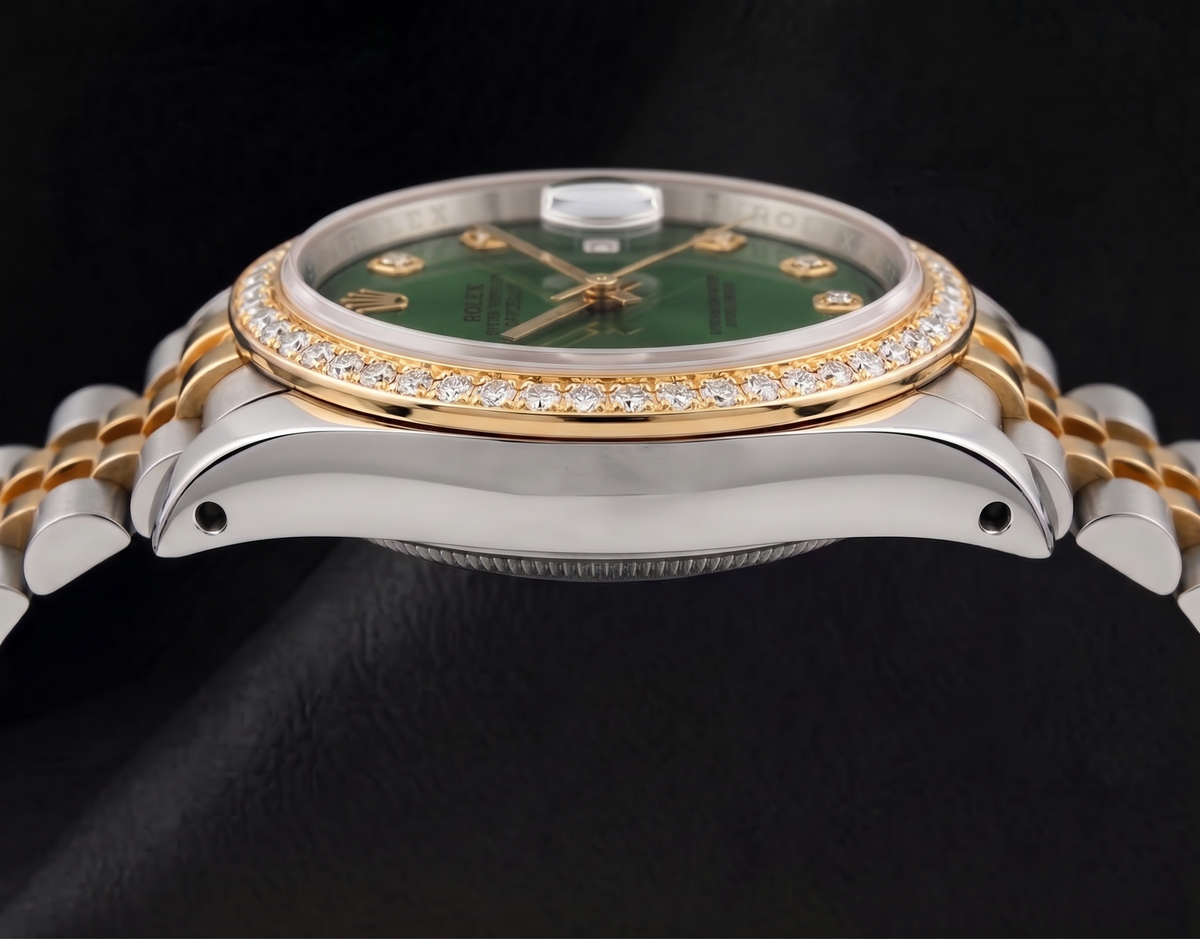 Datejust Rolex 36mm 16013 Green Diamond Dial Diamond Bezel Two Tone Watch