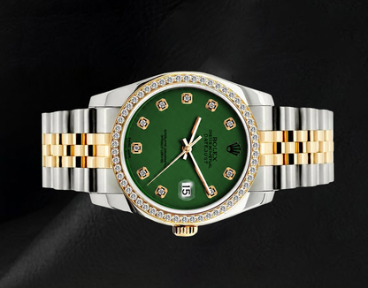 Datejust Rolex 36mm 16013 Green Diamond Dial Diamond Bezel Two Tone Watch