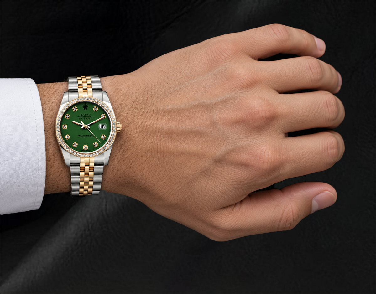 Datejust Rolex 36mm 16013 Green Diamond Dial Diamond Bezel Two Tone Watch