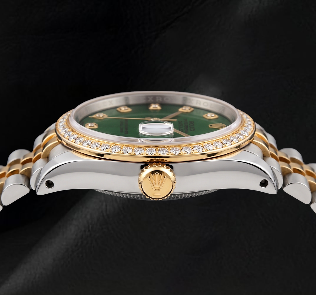 Datejust Rolex 36mm 16013 Green Diamond Dial Diamond Bezel Two Tone Watch