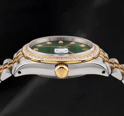 Datejust Rolex 36mm 16013 Green Diamond Dial Diamond Bezel Two Tone Watch