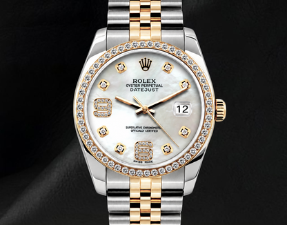 Datejust Rolex 36mm 16013 White Mother of Pearl Arabic Diamond Dial Two Tone Watch