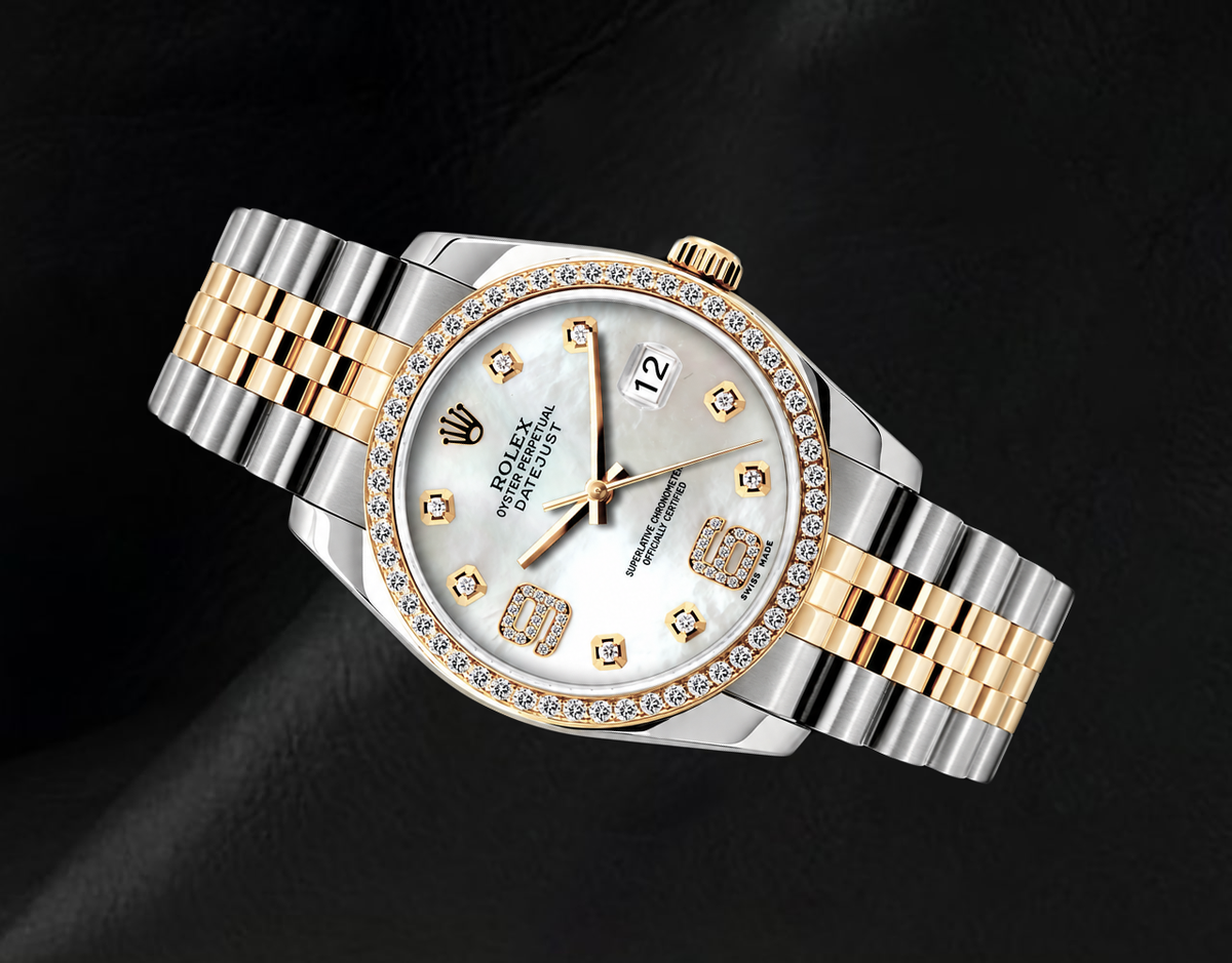 Datejust Rolex 36mm 16013 White Mother of Pearl Arabic Diamond Dial Two Tone Watch