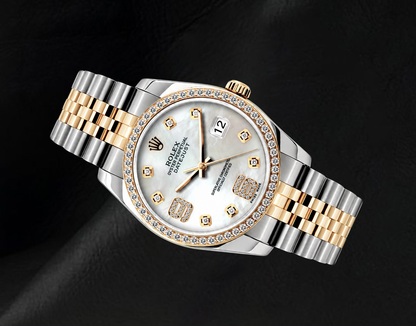 Datejust Rolex 36mm 16013 White Mother of Pearl Arabic Diamond Dial Two Tone Watch