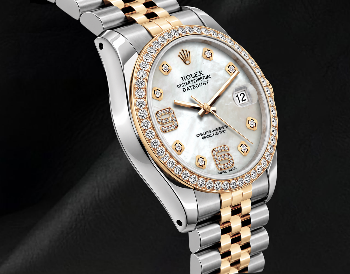 Datejust Rolex 36mm 16013 White Mother of Pearl Arabic Diamond Dial Two Tone Watch