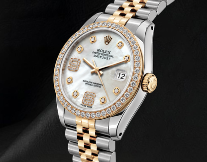 Datejust Rolex 36mm 16013 White Mother of Pearl Arabic Diamond Dial Two Tone Watch