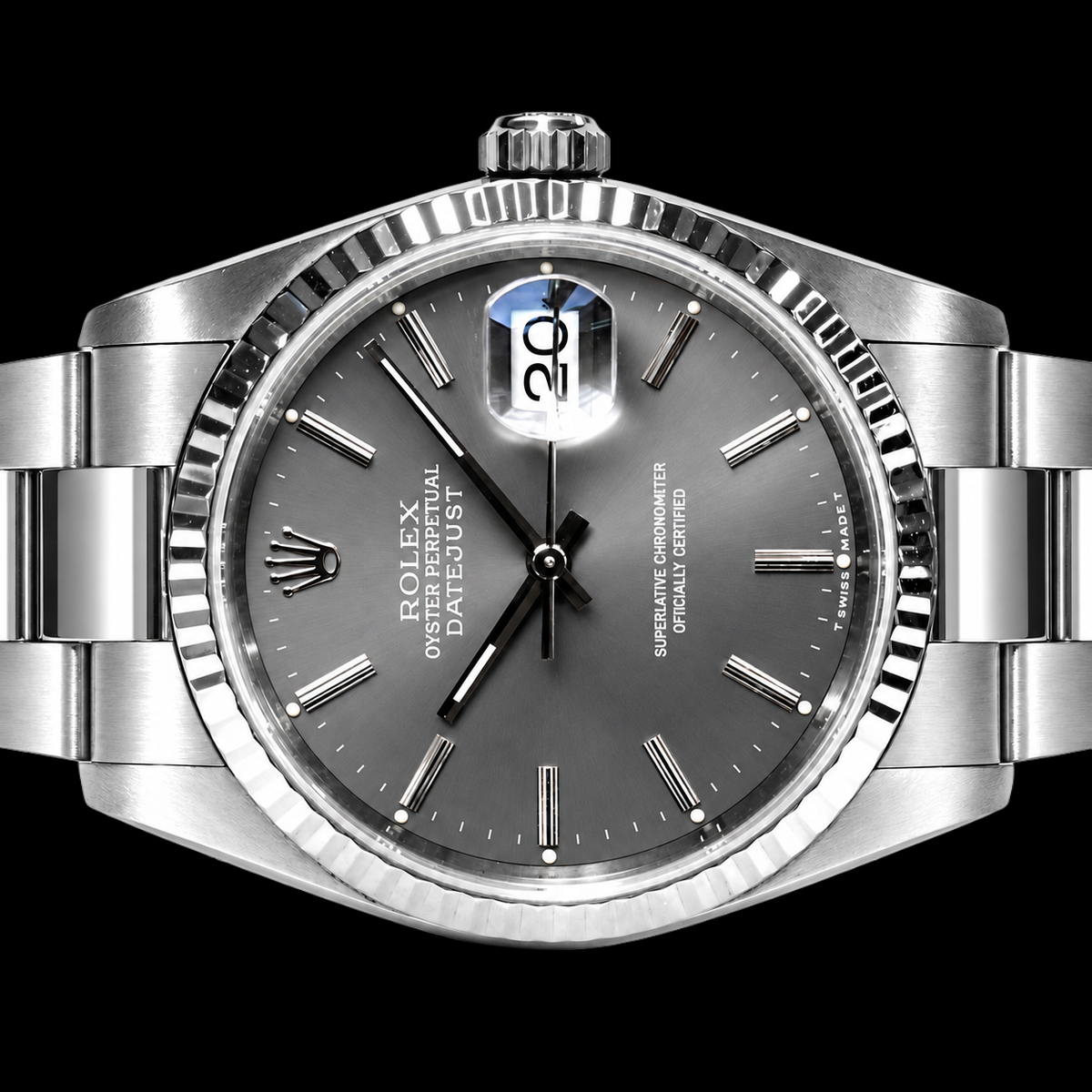 Datejust Rolex 36mm Gray Stick Dial Stainless Steel Watch Oyster Bracelet