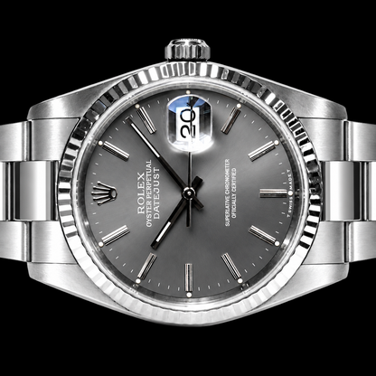 Datejust Rolex 36mm Gray Stick Dial Stainless Steel Watch Oyster Bracelet