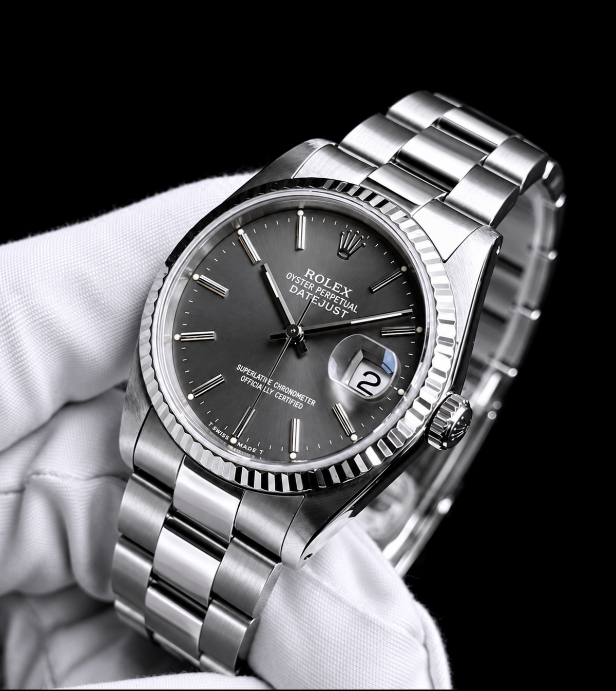 Datejust Rolex 36mm Gray Stick Dial Stainless Steel Watch Oyster Bracelet