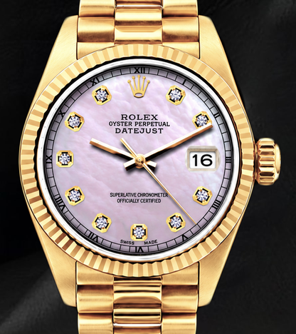 Datejust Rolex 69178 Pink Mother of Pearl Diamond Dial 26mm Yellow Gold 18K Watch