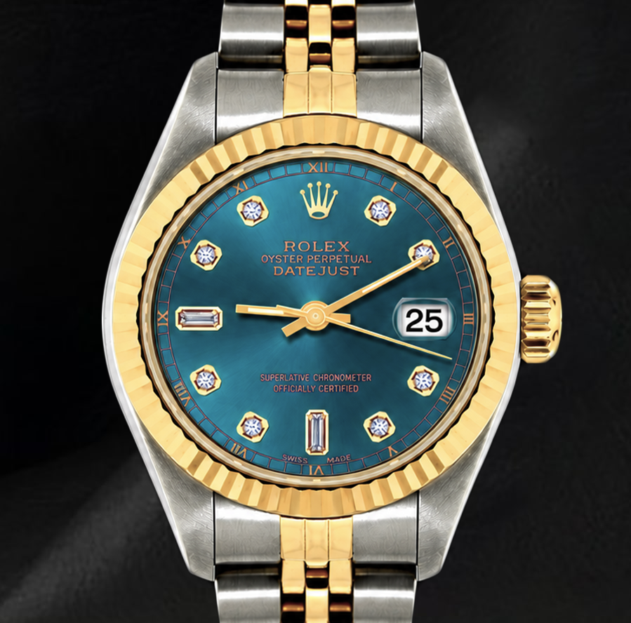 Datejust Rolex 6917 Blue Diamond Dial 26mm Fluted Bezel Two Tone Watch