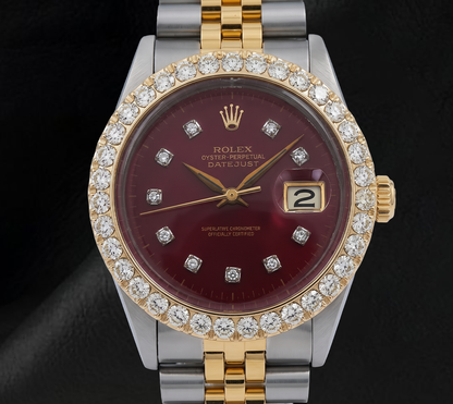 Datejust Rolex Diamond Bezel 16013 Red Diamond Dial 36mm Two Tone Watch