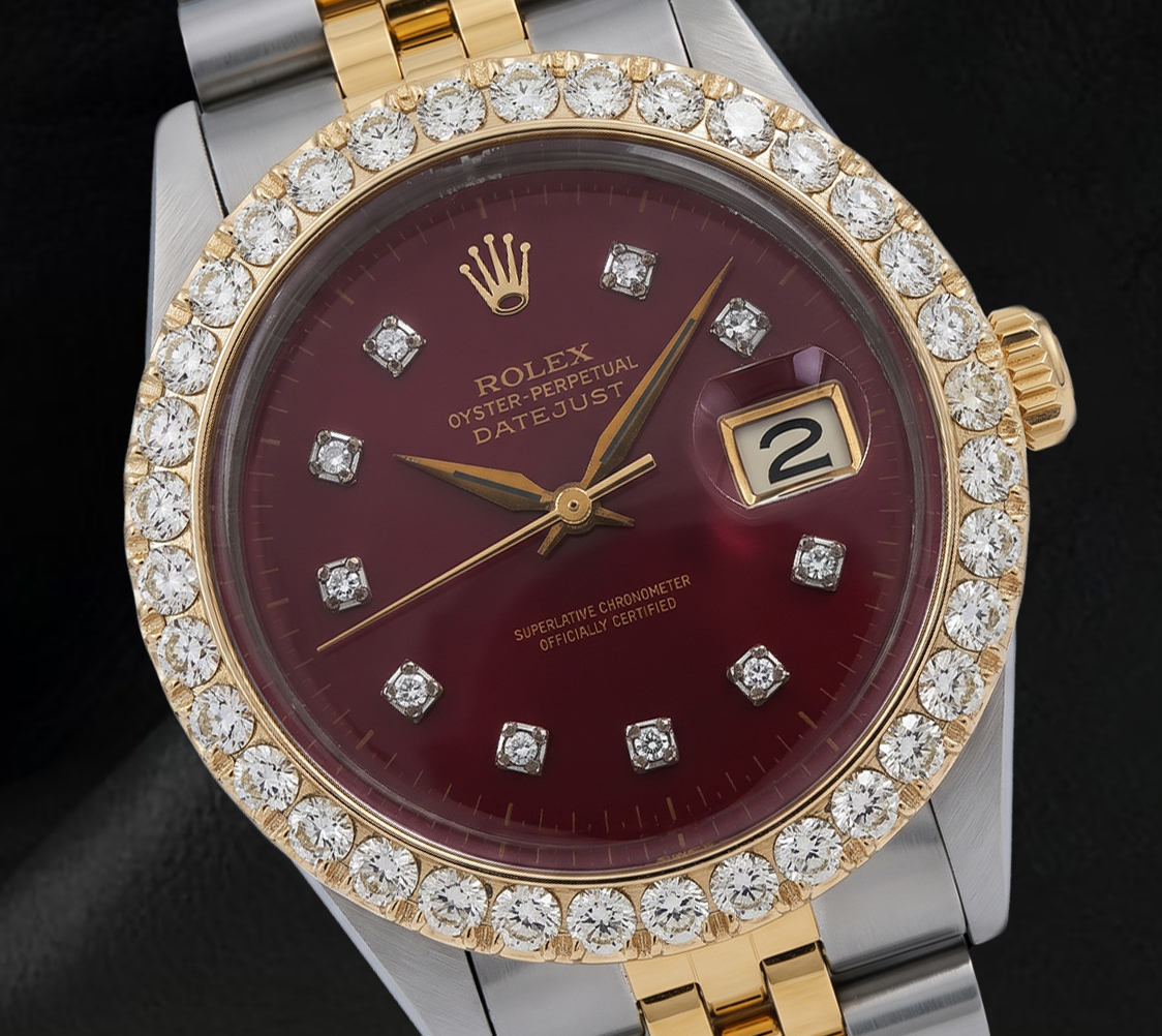 Datejust Rolex Diamond Bezel 16013 Red Diamond Dial 36mm Two Tone Watch