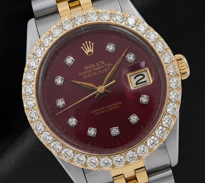 Datejust Rolex Diamond Bezel 16013 Red Diamond Dial 36mm Two Tone Watch