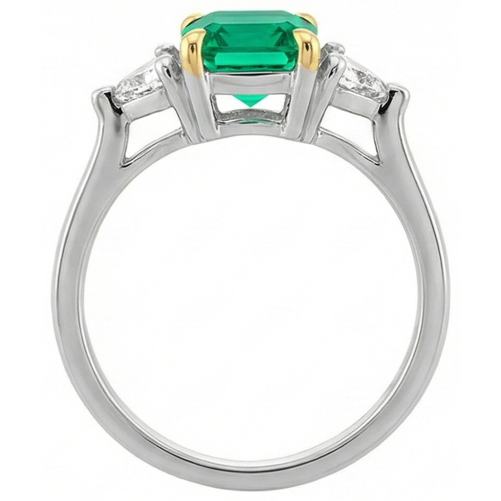 Natural Real ( Not Lab Grown ) Diamond Green Emerald GIA Trilogy Ring Two Tone Gold