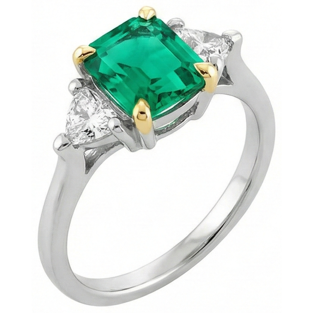 Natural Real ( Not Lab Grown ) Diamond Green Emerald GIA Trilogy Ring Two Tone Gold