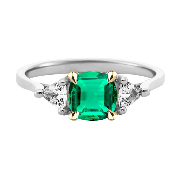 Diamond Green Emerald Trilogy Ring Two Tone Gold
