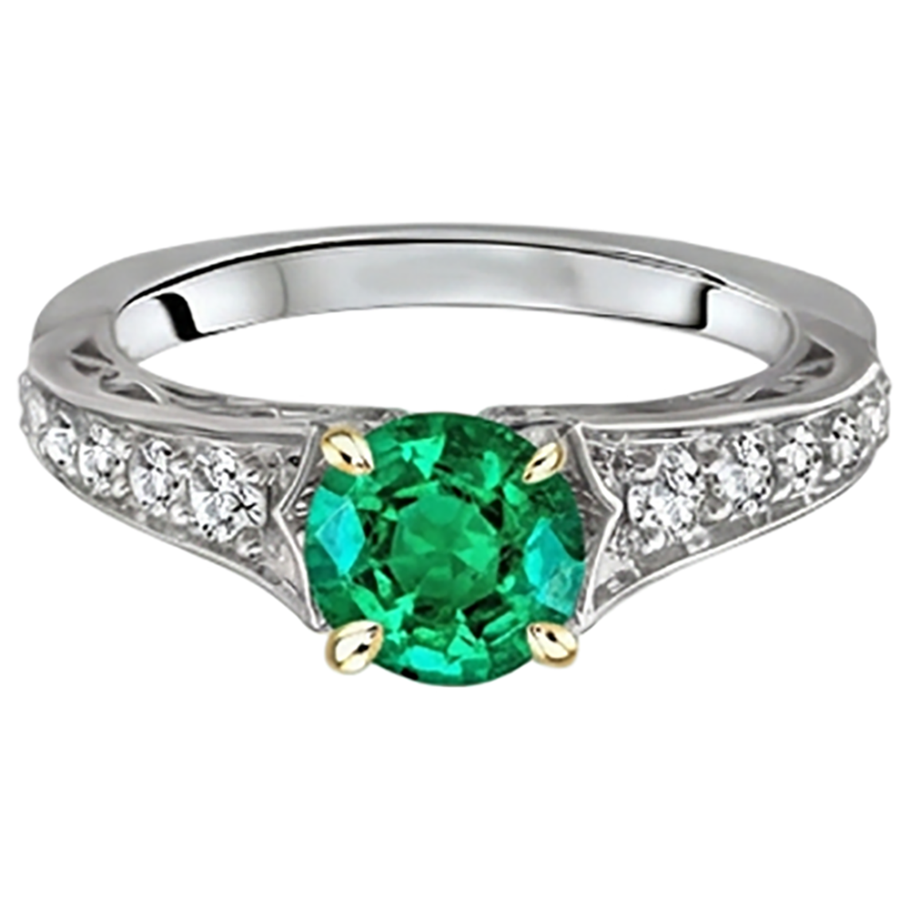 Natural Real ( Not Lab Grown ) Diamond & Green Emerald GIA Ring Two Tone Gold 14K Jewelry