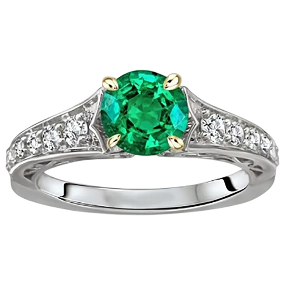 Natural Real ( Not Lab Grown ) Diamond & Green Emerald GIA Ring Two Tone Gold 14K Jewelry