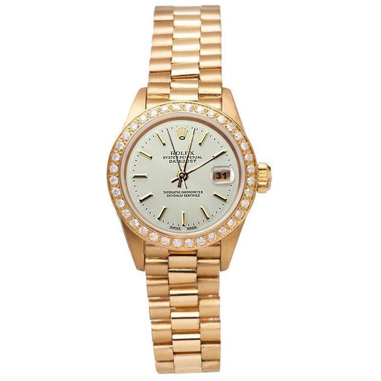 Diamond Bezel Rolex Dj Presidential Style Watch White Stick Dial Yellow Gold