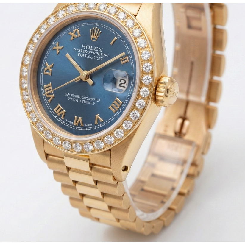 Diamond Bezel Blue Roman Dial Rolex Yg President Style Watch Dj
