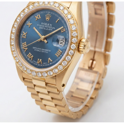 Diamond Bezel Blue Roman Dial Rolex Yg President Style Watch Dj