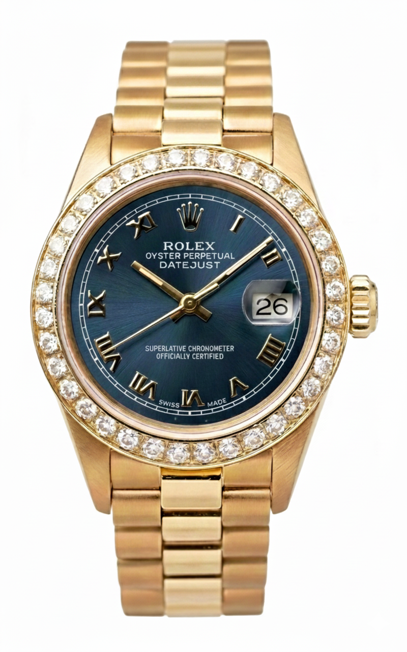 Diamond Bezel Blue Roman Dial Rolex Yg President Style Watch Dj