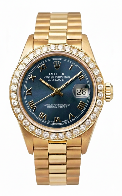 Diamond Bezel Blue Roman Dial Rolex Yg President Style Watch Dj