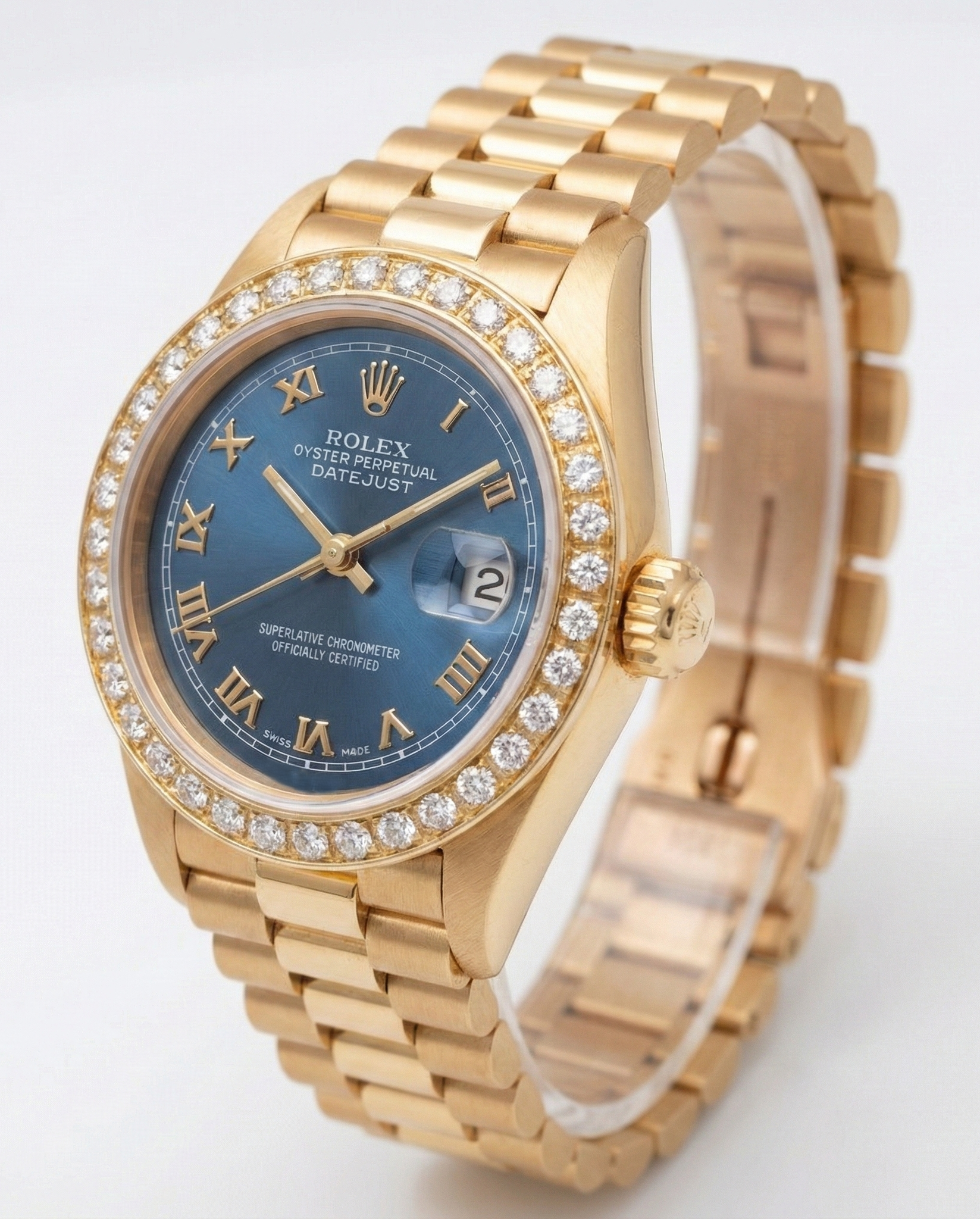 Diamond Bezel Blue Roman Dial Rolex Yg President Style Watch Dj