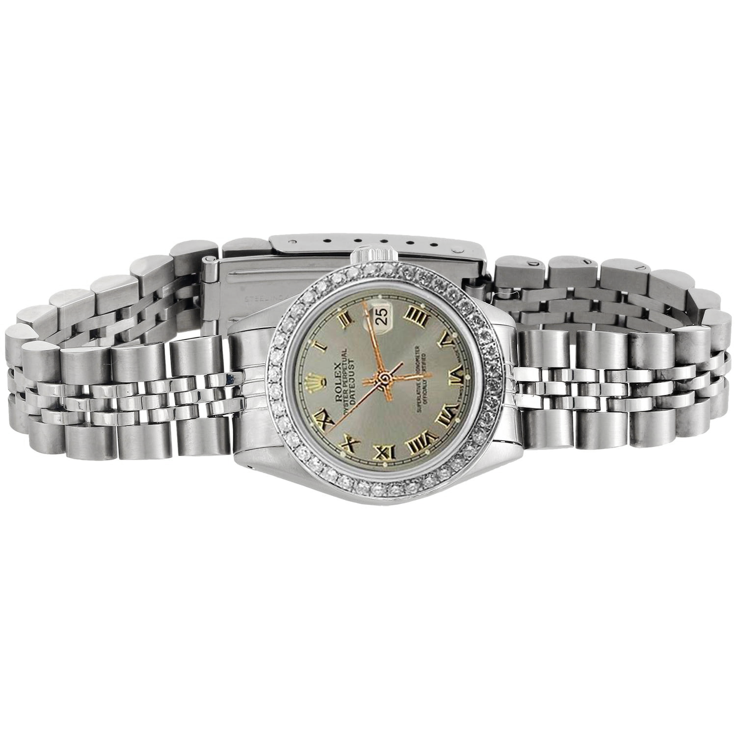 Diamond Bezel Gray Roman Women Rolex Watch Ss Jubilee Bracelet