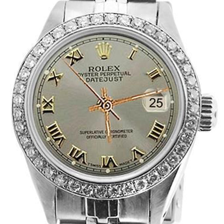 Diamond Bezel Gray Roman Women Rolex Watch Ss Jubilee Bracelet