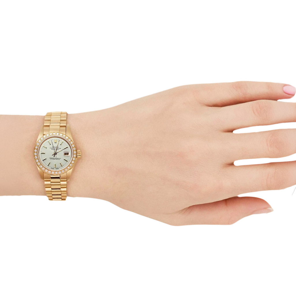 Diamond Bezel Rolex Dj Presidential Style Watch White Stick Dial Yellow Gold