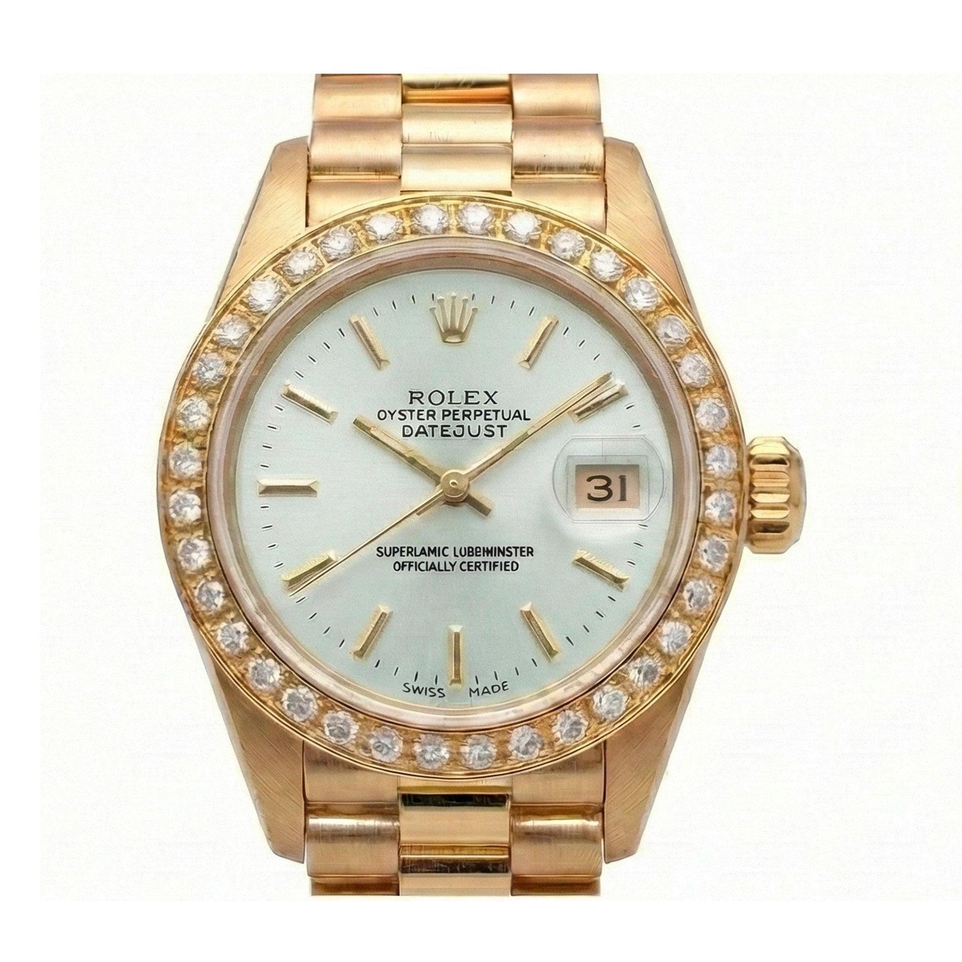 Diamond Bezel Rolex Dj Presidential Style Watch White Stick Dial Yellow Gold