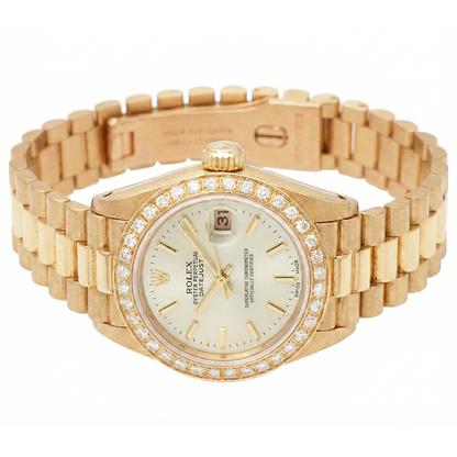 Diamond Bezel Rolex Dj Presidential Style Watch White Stick Dial Yellow Gold