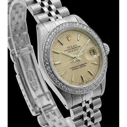 Diamond Bezel Ss Tapestry Stick Dial Rolex Ladies Datejust Watch