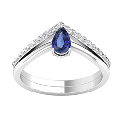 Natural Earth Mined Diamond Wedding Band & Pear Solitaire Blue Sapphire Ring Set