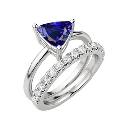 Natural Earth Mined Diamond Wedding Ring Set Trillion Blue Sapphire Gold 14K